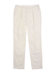 Editor's NotesIt’s designed to hold up to daily wear, and will only look better the more you wear it.We love the modern kind of striped trousers.It's easy to wear, comfortable and looks good with just about everything.- Adjustable waist with buttoned strap - Button closure - Striped pattern - Pleated trousers - Back pockets with button Measurements(in.)1/2/3/4- Total length: 40.37in./41.76in./42.16in./43.55in.- Waist: 15.31in./16.5in./17.28in./18.07in.- Thigh: 11.73in./1 Elegant Striped Linen Bottoms, Chic Striped Tapered Leg Pants, Chic Striped Linen Bottoms, Classic Tapered Leg Bottoms With Vertical Stripes, Relaxed Fit Pants With Vertical Stripes, Spring Linen Pants With Vertical Stripes, Relaxed Fit Ankle-length Striped Pants, Relaxed Fit Ankle-length Pants With Vertical Stripes, Classic Striped Tapered Leg Pants