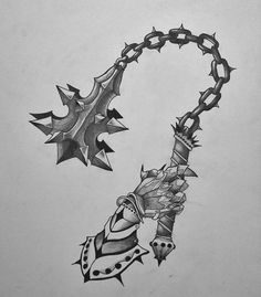 a pencil drawing of a chain with spikes on it and a bird in the middle