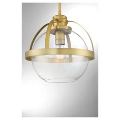 a light fixture with a glass globe hanging from it's center and gold metal frame