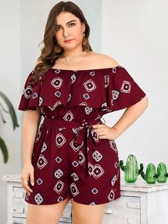 Plus Off-shoulder Graphic Print Tie Waist Jumpsuit | SHEIN Chubby Outfits, Modest Plus Size Fashion, Short Plus Size Fashion, Bad Outfits, Plus Size Bohemian, Plus Size Summer Outfits, Plus Size Summer Outfit, Plus Size Romper, Capsule Outfits