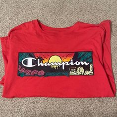 Great Condition Never Worn Red Shirt With Text Print For Summer, Red Graphic Tee For Summer, Red Graphic Tee With Front Print, Red Graphic Print Tee Shirt, Red Crew Neck Top With Front Print, Red Crew Neck Shirt With Front Print, Casual Red T-shirt With Front Print, Tshirt Colors, Tee Shirts