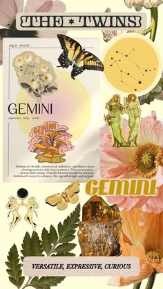 a collage of flowers, butterflies and zodiac signs with the words gemini on them