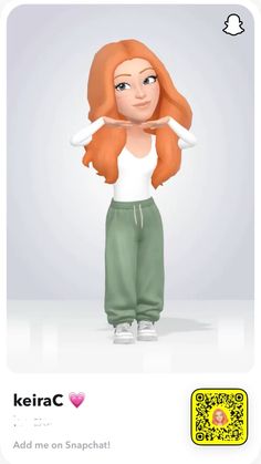 an animated girl with red hair and green pants holding a white object in her hands