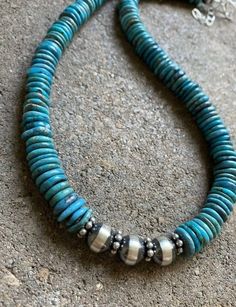 Sterling Silver Turquoise Bead Necklace. 18 inch Turquoise Beaded Oval Beads Jewelry, Turquoise Beaded Rondelle Jewelry, Turquoise Jewelry With Round Spacer Beads, Silver Beaded Round Turquoise Necklace, Turquoise Polished Oval Beads Jewelry, Turquoise Single Strand Southwestern Jewelry, Handmade Turquoise Rondelle Jewelry, Handmade Rondelle Turquoise Jewelry, Beaded Round Turquoise Necklace