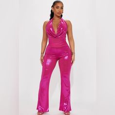 Ultimate Barbiecore Hot Pink Metallic Pant Set Top Worn Once In Size Large Xl Comes With Tags Pants In Large Were Not Worn Sold Out In Xl, Very Few Left In Size L Brand: Fashionnova Fitted Jumpsuits And Rompers For Party, Fitted Trousers Jumpsuits And Rompers For Party, Fitted Trousers Jumpsuit For Party, Pink Non-stretch Party Pants, Pink Wide Leg Party Set, Non-stretch Pink Pants For Party, Fitted Pink Wide Leg Jumpsuit, Casual Party Sets With Trousers, Pink Wide Leg Sets For Night Out