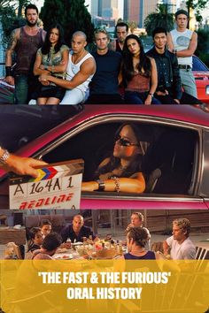 an advertisement for the fast and the fabulous oral history shows people sitting at a table in front of a car