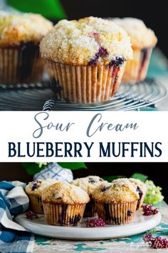 blueberry muffins on a plate with text overlay that reads sour cream blueberry muffins