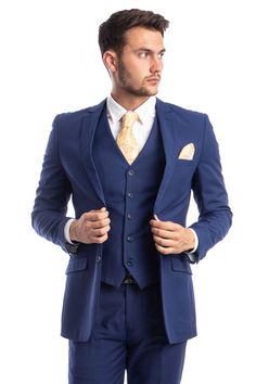 Men's Two Button Basic Hybrid Fit Vested Suit in Indigo Blue Blue Suits With Hidden Button Closure And Suit Collar, Classic Blue Three-piece Suit With Single Button, Blue Suits With Notch Lapel And Hidden Button Closure, Blue Three-piece Suit With Single Button, Classic Blue Single-breasted Three-piece Suit, Classic Blue Three-piece Suit With Hidden Button Closure, Tailored Blue Three-piece Suit With Long Sleeves, Elegant Blue Suits With Button Closure, Blue Single Button Suit With Suit Collar