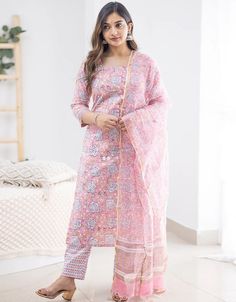 Designer Party Wear Readymade Salwar Suit Pink Cotton Pant Straight Front View Pink Dupatta, Pink Bottom, Silk Bottoms, Cotton Dupatta, Moroccan Caftan, Cotton Bottoms, Silk Dupatta, Silk Pants, Salwar Suit