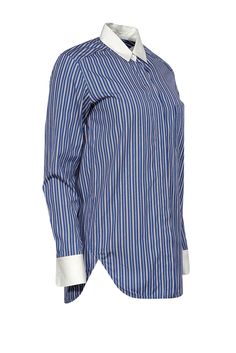 Get ready to jazz up your office wardrobe with this chic button-down dress shirt from Theory! Featuring blue with red and white stripes, a white collar and cuff, and a fun feminine twist on menswear, this shirt is a modern minimalist dream. Perfect for spring and on-trend with its playful stripes, this is one piece you won't want to miss out on! Size P Shell 100% Cotton Trim 72% Cotton, 23% Nylon, 5% Spandex Collared neckline Button down closure in front One pocket on bust Button closure on wris Summer Office Shirt With Striped Collar, Spring Office Shirt With Striped Collar, Blue Office Blouse With Fold Down Collar, Spring Formal Shirt With Striped Collar, Spring Office Blouse With Striped Collar, Formal Shirt With Striped Collar For Spring, Formal Spring Shirt With Striped Collar, Blue Blouse With Striped Collar For Daywear, Blue Collared Shirt For Work