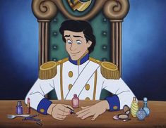 an animated man sitting at a table with other items around him and his hand on the table