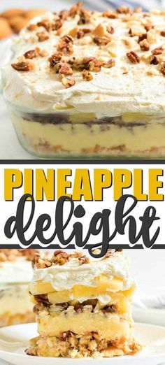 this pineapple delight dessert is made with only three ingredients and has a layer of cream cheesecake topped with pecans