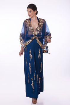 Sapphire blue kaftan with sequin applique, cutdana, bead embellished border in floral pattern. - Aza Fashions Blue Hand Embellished Sets For Evening, Hand Embellished Blue Evening Sets, Party Kaftan With Mirror Work For Eid, Festive Evening Kaftan With Traditional Drape, Hand Embellished Abaya For Eid Party, Eid Party Kaftan With Mirror Work, Hand Embellished Party Abaya For Eid, Eid Party Hand Embellished Kaftan, Bollywood Style Sequined Festive Kaftan