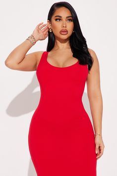 Available In Black, Red, Navy, Kelly Green, Pink, And Chestnut. Midi Dress Sleeveless Double Scoop Neckline Lined Bust Stretch 92% Polyester 8% Spandex Imported | Double Scoop Midi Dress in Red size Small by Fashion Nova Solid Scoop Neck Bodycon Dress, Sleeveless Seamless Bodycon Dress, Seamless Sleeveless Bodycon Dress, Seamless Solid Sleeveless Mini Dress, Solid Color Seamless Sleeveless Mini Dress, Fitted Red Elastane Tank Top, Red Mini Length Bodycon Dress, Red Mini Length Elastane Bodycon Dress, Red Stretch Elastane Bodycon Dress