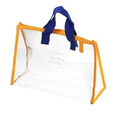 a clear shopping bag with yellow trim and blue handles on the bottom is shown against a white background