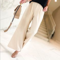 Beige Wide Leg Pants, Rise 16”, Inseam 30”, 97% Polyester, 3% Spandex, Tts Stretch Pants For Business Casual In Summer, Stretch Pants For Summer Business Casual, Summer Stretch Pants For Business Casual, Casual Beige Dress Pants For Spring, Stretch Bottoms For Business Casual In Summer, Stretch Bottoms For Business Casual Summer Wear, Beige Stretch Bottoms For Office, Chic Straight Leg Pants For Spring, Chic Straight Leg Spring Pants