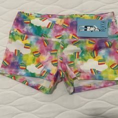 Sugar Rainbow Original Shorts Single Lined With Lined Gusset Mid Rise 2.5" Inseam Flat, 3" Wide Waistband Tight Fit Fun Sports Shorts, Playful Short Bottoms For Workout, Casual Multicolor Workout Bottoms, Fitted Multicolor Athletic Shorts With Built-in Shorts, Playful Sports Shorts, Multicolor Workout Shorts, Stretch Multicolor Short Bottoms, Summer Playful Fitted Activewear, Multicolor Stretch Shorts