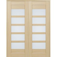 a pair of doors with frosted glass on the front and side panels in light wood