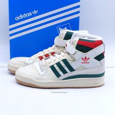 adidas Originals Men's Forum 84 High Sneakers GX9055 Cream White/Collegiate Green Red - New in box, box is damaged. We only sell 100% genuine products, sourced from major retailers. Please let us know if you have any questions. Adidas Green Basketball Shoes With Logo, Green Adidas Basketball Shoes With Logo, Adidas Green Skate Shoes With Three Stripes, Adidas Green Skate Shoes With Logo, Green Adidas Skate Shoes With Logo, Casual Green Adidas Basketball Shoes, Adidas Green Basketball Shoes For Streetwear, Green Adidas Sneakers With Three Stripes, Green High-top Skate Shoes With Three Stripes