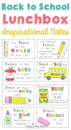 the back to school lunchbox inspirational notes for kids and adults are shown in this poster