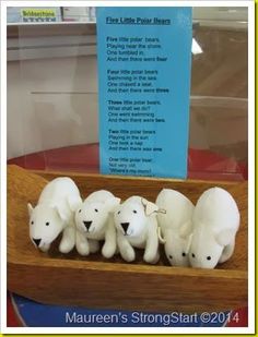 four polar bears in a wooden boat on display at a store or exhibition, with information about the polar bear family