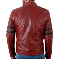 This maroon biker leather jacket is the perfect piece of clothing to add to your wardrobe. Made with real leather, this jacket is both stylish and durable. The quilted polyester lining ensures great comfort and warmth. The zipper closure, zipper cuffs, and stand collar give this jacket a sleek, classic look. It features a chest and two side waist pockets, perfect for storing all your essentials. The leather jacket with stripes on both sleeves gives this jacket a subtle but stylish touch.

This leather jacket is perfect for creating a classic, timeless look. Whether you're going for a casual look or a more dressy look, this jacket is the perfect addition to your outfit. With its durable and stylish design, this jacket is sure to last for years. Make a statement wherever you go by adding thi Fitted Burgundy Leather Biker Jacket, Red Zipper Outerwear For Biker Events, Red Zipper Closure Outerwear For Biker Events, Burgundy Leather Jacket With Zipper For Winter, Fitted Burgundy Leather Jacket With Zipper Closure, Fitted Burgundy Biker Jacket For Winter, Burgundy Leather Winter Outerwear, Burgundy Leather Jacket With Long Sleeves, Fitted Burgundy Biker Jacket With Zipper