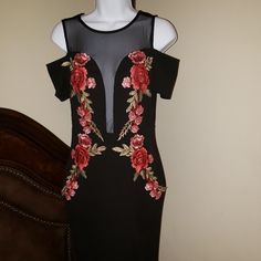 This Stylish Embroidery Dress Is A Size Medium, And Has Never Been Worn. This Dress Is Definitely Fashion Cute Dress For Valentine's Day. Fitted Red Embroidered Floral Print Dress, Fitted Red Embroidered Floral Dress, Fitted Red Embroidered Dress With Floral Print, Black Embroidered Floral Dress For Spring, Spring Embroidered Dresses For Night Out, Black Embroidered Dress With Floral Print For Spring, Black Fitted Dress With Floral Applique, Black Dresses With Floral Applique For Spring, Spring Black Embellished Mini Dress