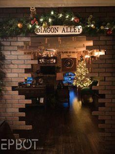 a brick wall with christmas decorations and lights in the doorway that says mason alley on it