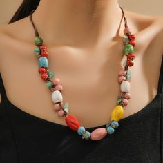 Material: Ceramic Fashion Element: Round Style: Ethnic Style Casual Festival Jewelry With Large Beads, Casual Large Beads Jewelry For Festival, Casual Wooden Beads Jewelry For Summer, Multicolor Bohemian Jewelry For Summer, Bohemian Beaded Summer Necklace, Bohemian Jewelry With Colorful Beads For Vacation, Summer Bohemian Beaded Necklace, Bohemian Large Beads Jewelry For Vacation, Summer Bohemian Beaded Necklaces