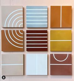 six square pieces of art hanging on the wall with different colors and shapes in them