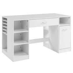 a white desk with shelves and drawers on it's sides, in front of a white background