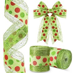 two rolls of green and red polka dot wired ribbon with matching bows, one roll is rolled up to the side