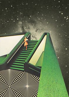 an image of a woman walking up the stairs to space with stars in the background