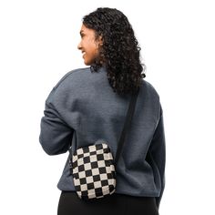 It's a Retro Revival! This bag is sturdy, stylish, and ready to go wherever you do. With adjustable straps and two spacious pockets, it’s the ultimate accessory for hiking, festivals, and everyday use. Featuring an all-over print of a retro black and cream checkerboard pattern, this crossbody bag adds a bold and timeless twist to any outfit. Perfect for a 90s-inspired back-to-school look, it's both functional and fashionable. Key Features: 100% polyester Fabric weight: 9.91 oz./yd.² (336 g/m²) B Retro Black Bag With Pockets, Retro Revival, Bag Patches, Crop Top Sweatshirt, School Looks, Checkerboard Pattern, Summer Swim Suits, Dad Caps, 90s Inspired