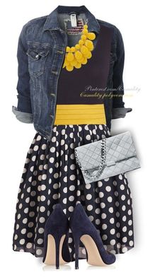 Yellow + Grey + Navy by casuality on Polyvore featuring Gianvito Rossi, STELLA McCARTNEY and plus size dresses Fashion Archive, Stitch Fix Outfits, Stil Inspiration, Polka Dot Skirt, Modieuze Outfits, Dot Skirt, Dress Store