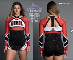 a woman wearing a red and black cheerleader outfit with the word rebel written on it