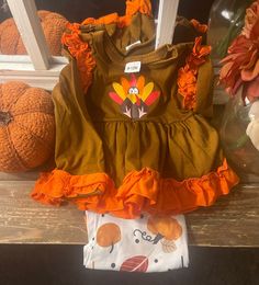 Long Sleeve Turkey Pattern Ruffled Dress Top + Food Feather Print Pants + Headband 3pcs Cute Set. 12-18 months Long Sleeve Ruffled Sets For Fall, Thanksgiving Party Outfit, Turkey Pattern, Girls Thanksgiving, Thanksgiving Party, Thanksgiving Parties, Ruffled Dress, Print Pants