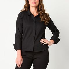 Every wardrobe needs a classic button-down shirt like this women's style from Liz Claiborne. It's made from a knit cotton-blend and features a regular-fit, a point collar, and long cuffed sleeves. Wear it with jeans and flats for a chic everyday look.Closure Type: ButtonNeckline: Collar NeckSleeve Length: Long SleeveSleeve Style: Vent SleeveApparel Length: 26.5 InchesFiber Content: 67% Cotton, 33% PolyesterFabric Description: WovenCollar: Point CollarCare: Machine Wash, Tumble DryCountry of Orig Office Button-up Tops With Button Cuffs, Solid Color Tops With Roll-up Sleeves For Office, Solid Button-up Tops For Workwear, Black Tops With Roll-up Sleeves For Work, Collared Office Shirt With Placket, Business Casual Tops With Roll-up Sleeves And Shirttail Hem, Solid Color Shirt With Button Cuffs For Office Wear, Collared Shirt With Placket For Office, Solid Shirt With Button Cuffs For Office