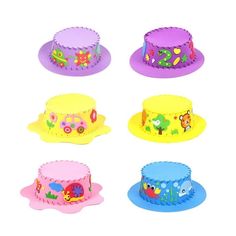 six hats with different designs on them are shown in various colors and sizes, including pink, purple, blue, yellow