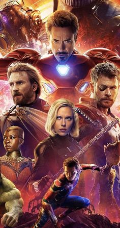 the avengers movie poster is shown with many characters in front of an image of iron man and