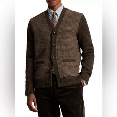 Ralph Lauren's Wool Cardigan Features A Glen Plaid Body With Contrast Sleeves And Trim. V-Neck Long Sleeves Front Button Closure Wool Machine Wash Imported Designer V-neck Cardigan For Fall, Formal Wool V-neck Cardigan, Designer Wool V-neck Outerwear, Wool V-neck Sweater With Buttons, Classic Single Breasted V-neck Outerwear, Tailored V-neck Outerwear With Buttons, Brown Single Breasted Cardigan For Work, Brown Single-breasted Cardigan For Work, Business Cardigan With Buttons For Fall