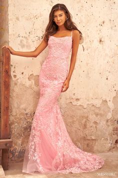 Sherri Hill 54202 - Fitted lace gown with spaghetti straps and lace up back. Prom Dress Sherri Hill, Prom 2023, Sherri Hill Prom, Pink Long Dress, Sherri Hill Prom Dresses, Blue Candy, Prom Dress Styles, Prom Designs, Pink Prom