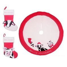 a red and white christmas stocking with two socks on it next to a round object