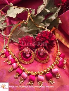 Raw double shade pink silk thread jewellery necklace with Chand Bali. Perfect choice for a chanderi / kanchivaram / Banarasi / silk saree or a silk cotton saree. Call or whatsapp +919840009398 to place your order. International and domestic orders accepted. https://m.facebook.com/LotusArtsCreatives/ Chand Bali