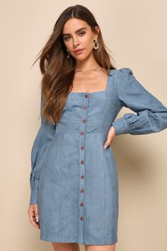 The Lulus Posh Promise Blue Corduroy Long Sleeve Button-Up Mini Dress has plenty of styling potential for a season full of perfect autumn ensembles! Sturdy corduroy shapes this retro-inspired dress that features a princess-seamed bodice, a trendy square neckline, and long, balloon-style sleeves with button cuffs. A functional button placket continues through the fitted waist and down the front of the figure-skimming, A-line mini skirt. Fit: This garment fits true to size. Length: Mid-thigh. Size medium measures 33.5" from shoulder to hem. Bust: Great for any cup size. Waist: Fitted - very fitted at natural waist. Hip: Loosely Fitted. Undergarments: May be worn with any standard bra. Fabric: Fabric has no stretch. Bodice is lined. Shell: 100% Polyester. Lining: 100% Polyester. Hand Wash Col Retro Inspired Dress, Blue Corduroy, A Line Mini Skirt, Retro Clothing, Corduroy Dress, Button Up Dress, Mod Dress, Inspired Dress, Dress 100