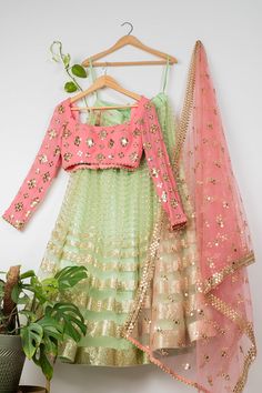 Lime Green Lehenga with Sugar Coral Blouse & Dupatta | WaliaJones Lime Green Lehenga, Sequence Lehenga, Haldi Outfit, Raw Silk Lehenga, Yellow Lehenga, Ivory Blouse, Coral Blouse, Add Sleeves