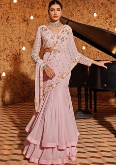 Blush Pink Pre Drape Saree Set Nidhika Shekhar - Fabilicious Fashion Drape Sari, Draped Saree Gown, Pink Sari, Golden Gown, Full Sleeve Blouse, Saree Gown, Strawberry Pink, Vacuum Storage, Drape Saree