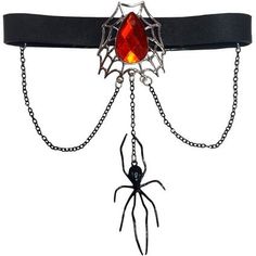 Add cool and creepy vibes to your Halloween look with this black leather choker. It has a ruby and spiderweb charm in the center of your throat and a metal chain from which dangles a plastic black widow spider. Spooky! Spiderweb Jewelry Kit product details:  1 faux-leather choker with chains 12in wide x 7in tall Metal polyester and plastic One size fits most teens and adults Adjustable Gothic Choker For Costume Party, Spooky Adjustable Black Jewelry, Emo Halloween Party Necklaces, Adjustable Black Spooky Jewelry, Black Spooky Jewelry For Costume Party, Silver Vampire Choker For Halloween, Vampire Style Halloween Choker Jewelry, Edgy Halloween Party Choker, Edgy Halloween Choker Necklace