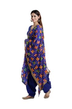 This timeless and sophisticated Phulkari dupatta chunni is made from featherlight chiffon silk. Featuring beautiful multicolored embroidery, it makes a stylish and practical addition to any salwar suit, lehenga, or dress.   ​Fabric: Semi Chiffon Silk  Condition: New  Machine work phulkari embroidery  Gold border lace   Pattern: Geometric  Large 2.3x1 meter  Care: Soft Wash   Dispatched in 1-3 business days Suit Lehenga, Embroidery Dupatta, Phulkari Embroidery, Phulkari Dupatta, Border Lace, Machine Work, Velvet Suit, Embroidered Pants, Beautiful Suit