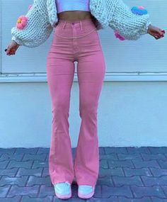 Pink Flare Jeans Pink Flare Jeans, Pink Bottoms, Pink Bottom, Simple Tees, Top To Bottom, Jeans Shop, Flare Jeans, Pink Color, Color Pop